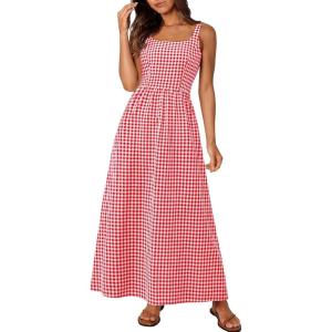 imagePRETTYGARDEN Womens 2025 Summer Spaghetti Strap Maxi Dresses Plaid Square Neck A Line Casual Beach Vacation Long SundressRed