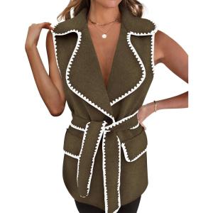 imagePRETTYGARDEN Womens 2025 Tweed Vest Jackets Sleeveless Lapel Button Front Belt Color Block Winter Cardigan OuterwearArmy Green