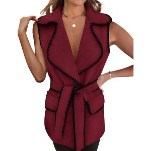 imagePRETTYGARDEN Womens 2025 Tweed Vest Jackets Sleeveless Lapel Button Front Belt Color Block Winter Cardigan OuterwearWine Red