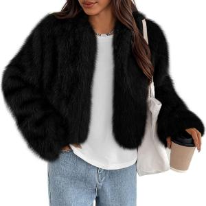 imagePRETTYGARDEN Womens 2025 Winter Coats Fluffy Cropped Faux Fur Jacket Long Sleeve Open Front Shaggy Outerwear Trendy ClothesBlack