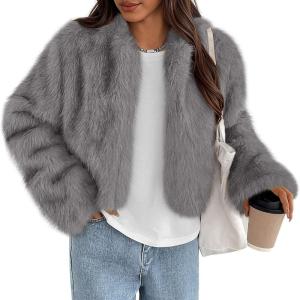 imagePRETTYGARDEN Womens 2025 Winter Coats Fluffy Cropped Faux Fur Jacket Long Sleeve Open Front Shaggy Outerwear Trendy ClothesGrey