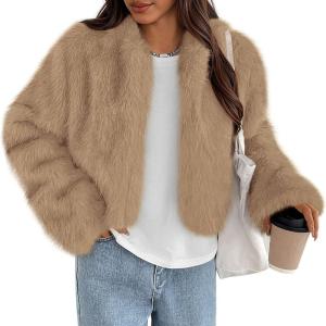 imagePRETTYGARDEN Womens 2025 Winter Coats Fluffy Cropped Faux Fur Jacket Long Sleeve Open Front Shaggy Outerwear Trendy ClothesLight Khaki