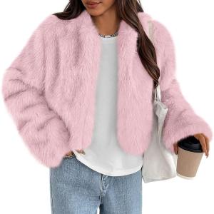 imagePRETTYGARDEN Womens 2025 Winter Coats Fluffy Cropped Faux Fur Jacket Long Sleeve Open Front Shaggy Outerwear Trendy ClothesPink