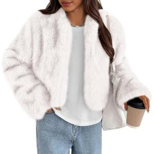 imagePRETTYGARDEN Womens 2025 Winter Coats Fluffy Cropped Faux Fur Jacket Long Sleeve Open Front Shaggy Outerwear Trendy ClothesWhite