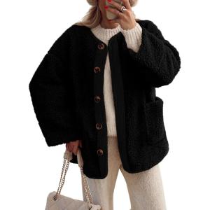 imagePRETTYGARDEN Womens 2025 Winter Coats Long Sleeve Button up Fuzzy Sherpa Fleece Jackets Outerwear Fall Fashion ClothesBlack