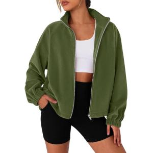 imagePRETTYGARDEN Womens 2025 Winter Fleece Sherpa Jacket Trendy Long Sleeve Zip Up Cropped Warm Coat Fall Fashion Workout ClothesArmy Green