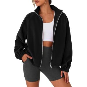 imagePRETTYGARDEN Womens 2025 Winter Fleece Sherpa Jacket Trendy Long Sleeve Zip Up Cropped Warm Coat Fall Fashion Workout ClothesBlack