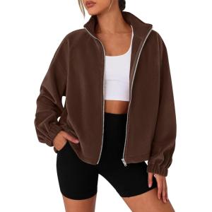 imagePRETTYGARDEN Womens 2025 Winter Fleece Sherpa Jacket Trendy Long Sleeve Zip Up Cropped Warm Coat Fall Fashion Workout ClothesBrown