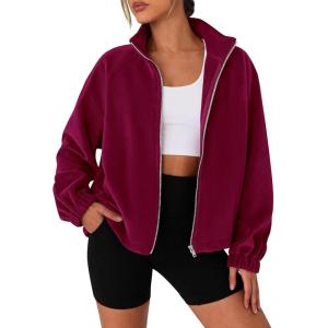 imagePRETTYGARDEN Womens 2025 Winter Fleece Sherpa Jacket Trendy Long Sleeve Zip Up Cropped Warm Coat Fall Fashion Workout ClothesBurgundy