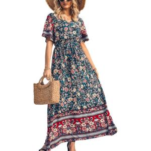 imagePRETTYGARDEN Womens Casual Summer Boho Floral Print Dress V Neck Short Sleeve High Waist Long Maxi Beach DressesBlack