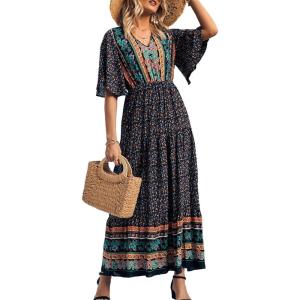 imagePRETTYGARDEN Womens Casual Summer Boho Floral Print Dress V Neck Short Sleeve High Waist Long Maxi Beach DressesBlack Floral