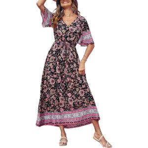 imagePRETTYGARDEN Womens Casual Summer Boho Floral Print Dress V Neck Short Sleeve High Waist Long Maxi Beach DressesBlack Pink Floral