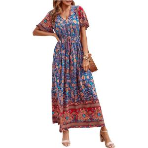 imagePRETTYGARDEN Womens Casual Summer Boho Floral Print Dress V Neck Short Sleeve High Waist Long Maxi Beach DressesBlue