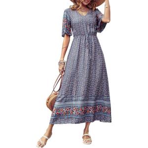 imagePRETTYGARDEN Womens Casual Summer Boho Floral Print Dress V Neck Short Sleeve High Waist Long Maxi Beach DressesBlue Grey Floral