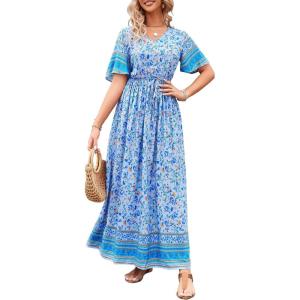imagePRETTYGARDEN Womens Casual Summer Boho Floral Print Dress V Neck Short Sleeve High Waist Long Maxi Beach DressesBlue Yellow Floral