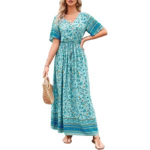 imagePRETTYGARDEN Womens Casual Summer Boho Floral Print Dress V Neck Short Sleeve High Waist Long Maxi Beach DressesGreen Yellow Floral