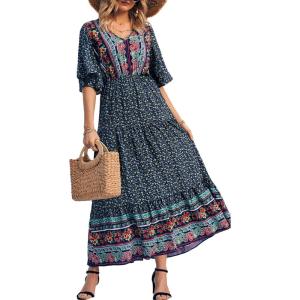 imagePRETTYGARDEN Womens Casual Summer Boho Floral Print Dress V Neck Short Sleeve High Waist Long Maxi Beach DressesNavy Floral