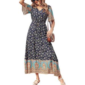 imagePRETTYGARDEN Womens Casual Summer Boho Floral Print Dress V Neck Short Sleeve High Waist Long Maxi Beach DressesNavy Yellow Floral