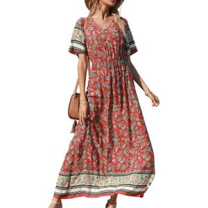 imagePRETTYGARDEN Womens Casual Summer Boho Floral Print Dress V Neck Short Sleeve High Waist Long Maxi Beach DressesRed