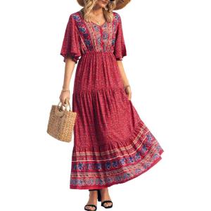 imagePRETTYGARDEN Womens Casual Summer Boho Floral Print Dress V Neck Short Sleeve High Waist Long Maxi Beach DressesRed Floral