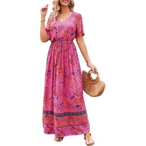 imagePRETTYGARDEN Womens Casual Summer Boho Floral Print Dress V Neck Short Sleeve High Waist Long Maxi Beach DressesRose Red Floral