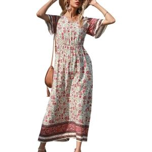 imagePRETTYGARDEN Womens Casual Summer Boho Floral Print Dress V Neck Short Sleeve High Waist Long Maxi Beach DressesWhite