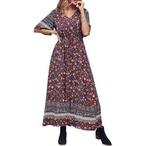 imagePRETTYGARDEN Womens Casual Summer Boho Floral Print Dress V Neck Short Sleeve High Waist Long Maxi Beach DressesWine Red Floral