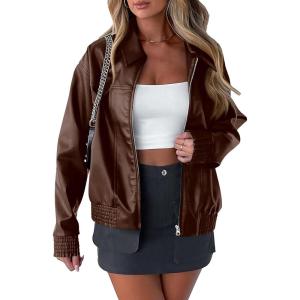 imagePRETTYGARDEN Womens Faux Leather Jackets 2025 Fall Long Sleeve Bomber Jacket Zip Up Motorcycle Coats Winter ClothesCoffee