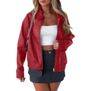 imagePRETTYGARDEN Womens Faux Leather Jackets 2025 Fall Long Sleeve Bomber Jacket Zip Up Motorcycle Coats Winter ClothesDark Red