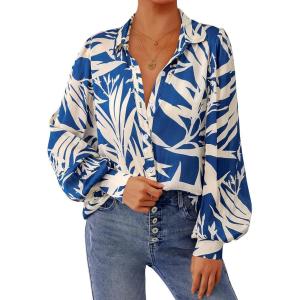 imagePRETTYGARDEN Womens Floral Blouses Dressy Casual V Neck Button Down Shirts Lantern Long Sleeve Boho Chiffon Fall Tops 2025Blue White