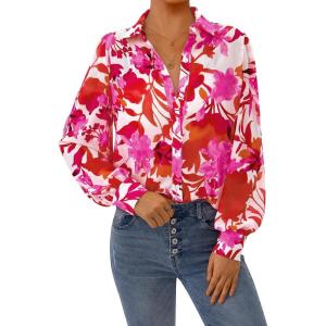 imagePRETTYGARDEN Womens Floral Blouses Dressy Casual V Neck Button Down Shirts Lantern Long Sleeve Boho Chiffon Fall Tops 2025Floral White Rose Red