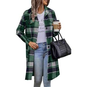 imagePRETTYGARDEN Womens Plaid Shacket Jacket Fall Fashion 2025 Long Sleeve Button Up Flannel Shirt Winter Clothing Woolen CoatsDark Green