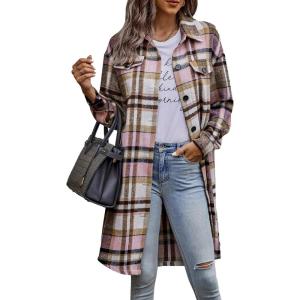imagePRETTYGARDEN Womens Plaid Shacket Jacket Fall Fashion 2025 Long Sleeve Button Up Flannel Shirt Winter Clothing Woolen CoatsPink