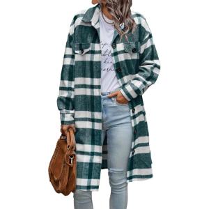 imagePRETTYGARDEN Womens Plaid Shacket Jacket Fall Fashion 2025 Long Sleeve Button Up Flannel Shirt Winter Clothing Woolen CoatsPlaid Dark Green