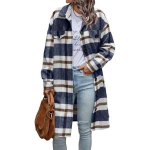 imagePRETTYGARDEN Womens Plaid Shacket Jacket Fall Fashion 2025 Long Sleeve Button Up Flannel Shirt Winter Clothing Woolen CoatsPlaid Navy