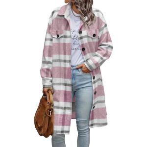 imagePRETTYGARDEN Womens Plaid Shacket Jacket Fall Fashion 2025 Long Sleeve Button Up Flannel Shirt Winter Clothing Woolen CoatsPlaid Pink