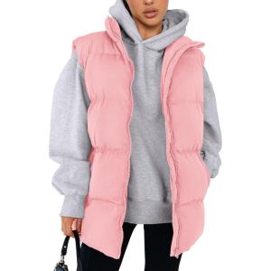 imagePRETTYGARDEN Womens Puffer Jacket Vests 2025 Fall Casual Sleeveless Stand Collar Zip Up Coats Warm Winter OuterwearLight Pink
