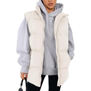 imagePRETTYGARDEN Womens Puffer Jacket Vests 2025 Fall Casual Sleeveless Stand Collar Zip Up Coats Warm Winter OuterwearWhite