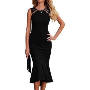 imagePRETTYGARDEN Womens Sleeveless Midi Bodycon Formal Dress Ruffle Mermaid Hem Elegant Cocktail Wedding Guest Midi DressesBlack