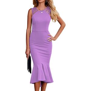 imagePRETTYGARDEN Womens Sleeveless Midi Bodycon Formal Dress Ruffle Mermaid Hem Elegant Cocktail Wedding Guest Midi DressesBright Purple