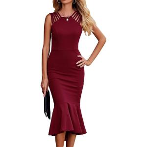 imagePRETTYGARDEN Womens Sleeveless Midi Bodycon Formal Dress Ruffle Mermaid Hem Elegant Cocktail Wedding Guest Midi DressesWine Red