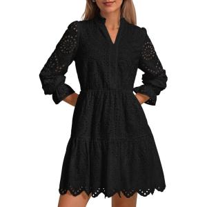 imagePRETTYGARDEN Womens Spring 2025 Long Puff Sleeve Mini Dress Hollow Out Lace V Neck A Line Ruffle Casual Party DressesBlack
