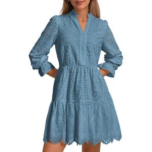 imagePRETTYGARDEN Womens Spring 2025 Long Puff Sleeve Mini Dress Hollow Out Lace V Neck A Line Ruffle Casual Party DressesGrey Blue