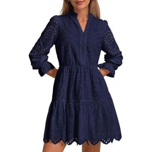 imagePRETTYGARDEN Womens Spring 2025 Long Puff Sleeve Mini Dress Hollow Out Lace V Neck A Line Ruffle Casual Party DressesNavy