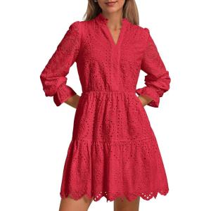 imagePRETTYGARDEN Womens Spring 2025 Long Puff Sleeve Mini Dress Hollow Out Lace V Neck A Line Ruffle Casual Party DressesRed