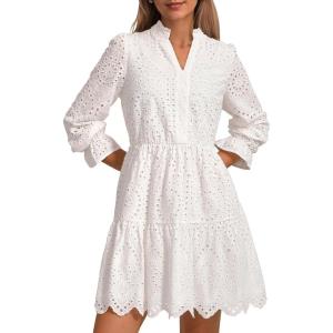 imagePRETTYGARDEN Womens Spring 2025 Long Puff Sleeve Mini Dress Hollow Out Lace V Neck A Line Ruffle Casual Party DressesWhite