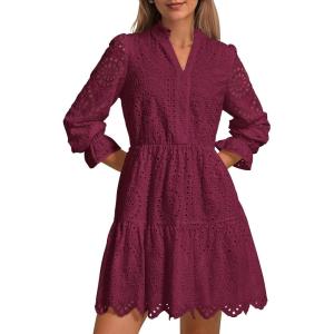 imagePRETTYGARDEN Womens Spring 2025 Long Puff Sleeve Mini Dress Hollow Out Lace V Neck A Line Ruffle Casual Party DressesWine Red