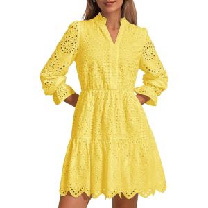 imagePRETTYGARDEN Womens Spring 2025 Long Puff Sleeve Mini Dress Hollow Out Lace V Neck A Line Ruffle Casual Party DressesYellow