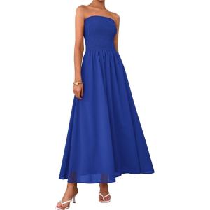 imagePRETTYGARDEN Womens Strapless Wedding Guest Maxi Dresses 2025 Summer Trendy Elegant Classy Smocked Tube Long Flowy SundressBlue