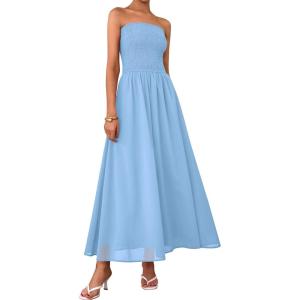 imagePRETTYGARDEN Womens Strapless Wedding Guest Maxi Dresses 2025 Summer Trendy Elegant Classy Smocked Tube Long Flowy SundressLight Blue